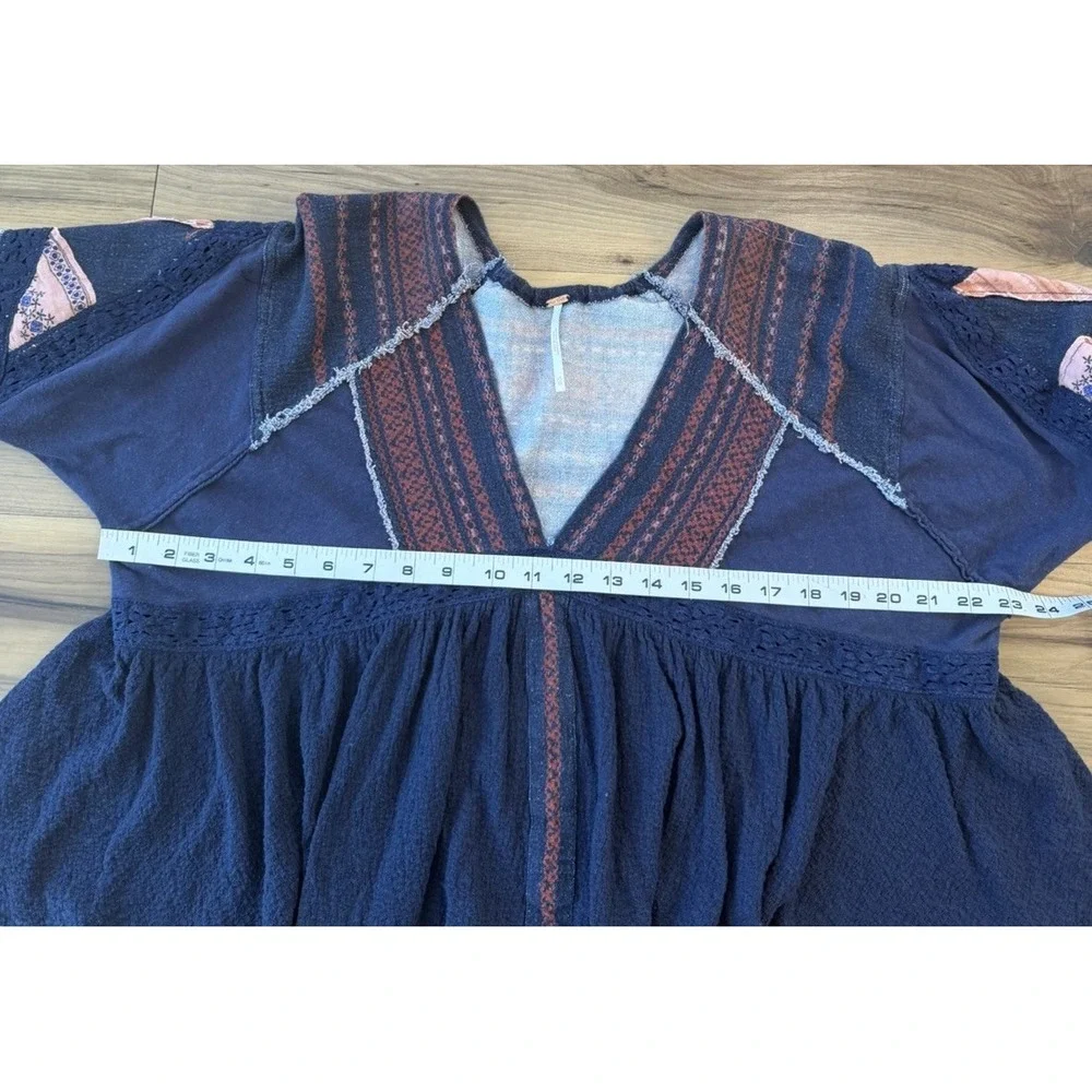 Free People XS Boho Peplum Top Navy Patchwork Crochet Tie Sleeve Babydoll